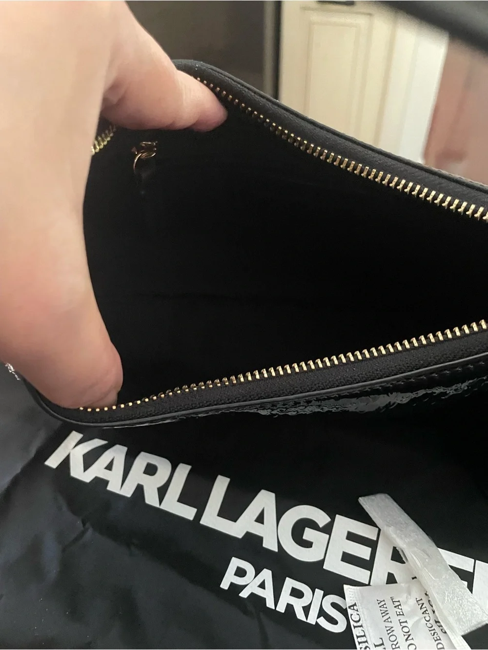 Karl Lagerfeld Black Patent Embroidered Tassel Shoulder Bag - Picture 7 of 8